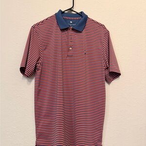 Southern Tide Small Coral Pink & Navy Striped Golf Polo